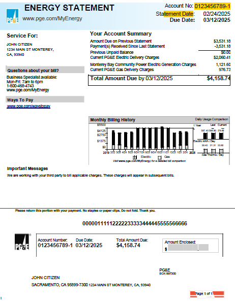 USA PG&E utility bill template in Word and PDF formats, version 2